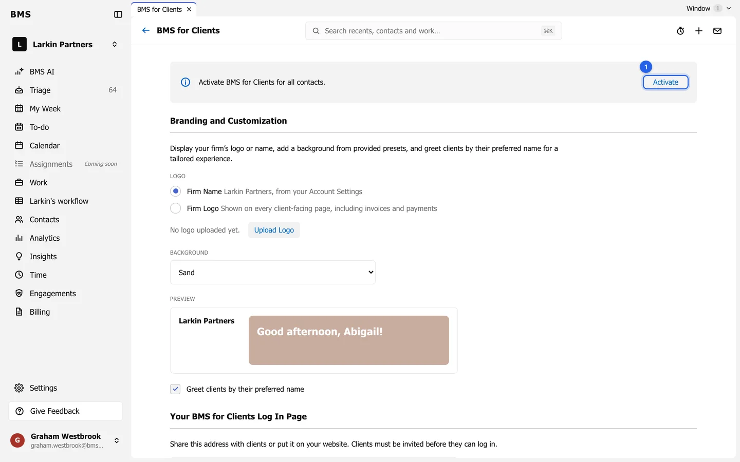 Settings, BMS for Clients, with a numbered ring on the Activate button in the banner at the top of the page.