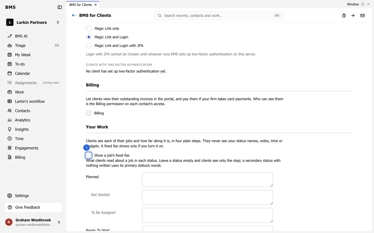 The Your Work and Client uploads sections with rings on Show a job's fixed fee, Show Done uploading and Keep photos as PDFs.