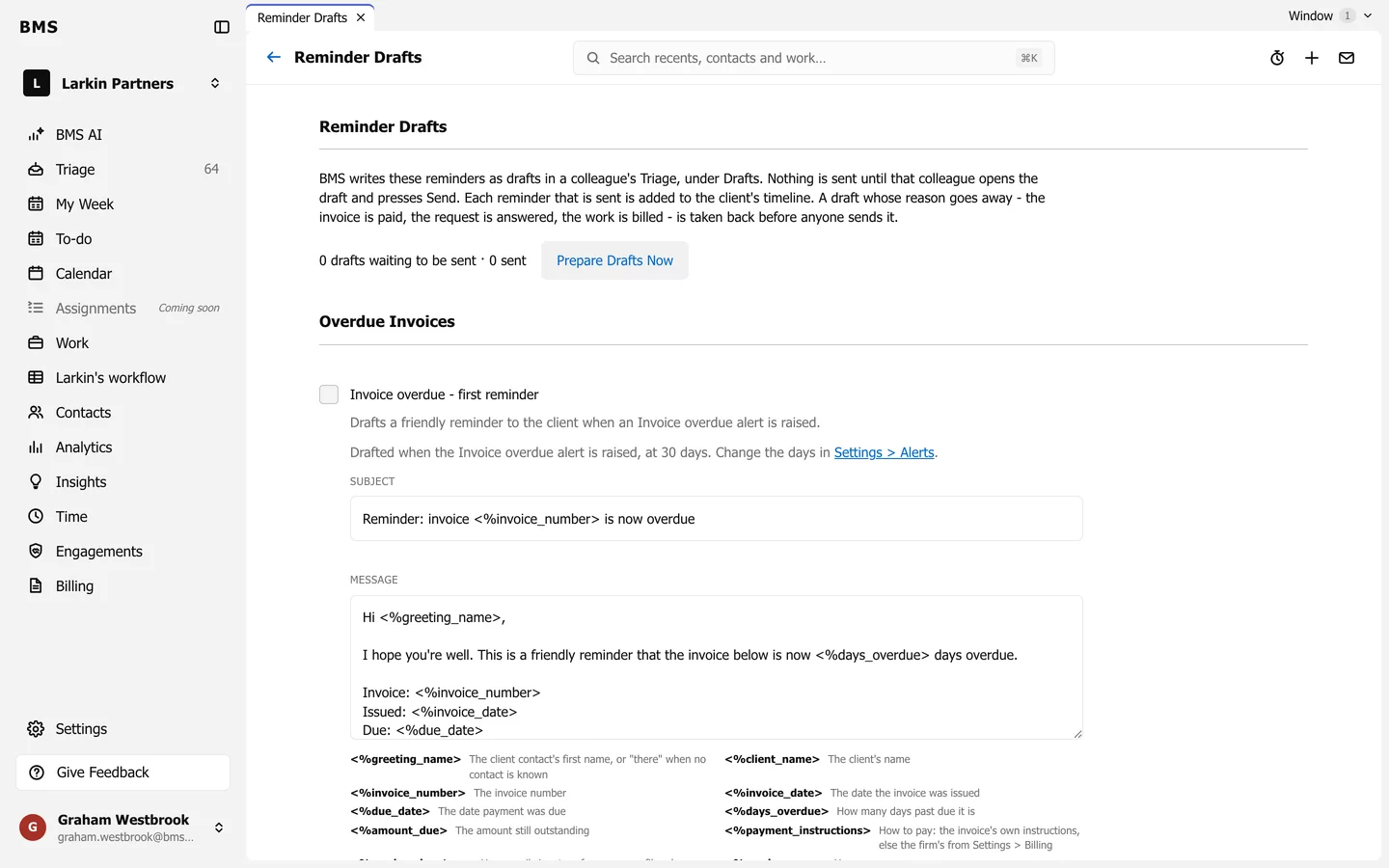 Settings, Reminder Drafts, listing the five rules with their subjects and messages, and a Prepare Drafts Now button.