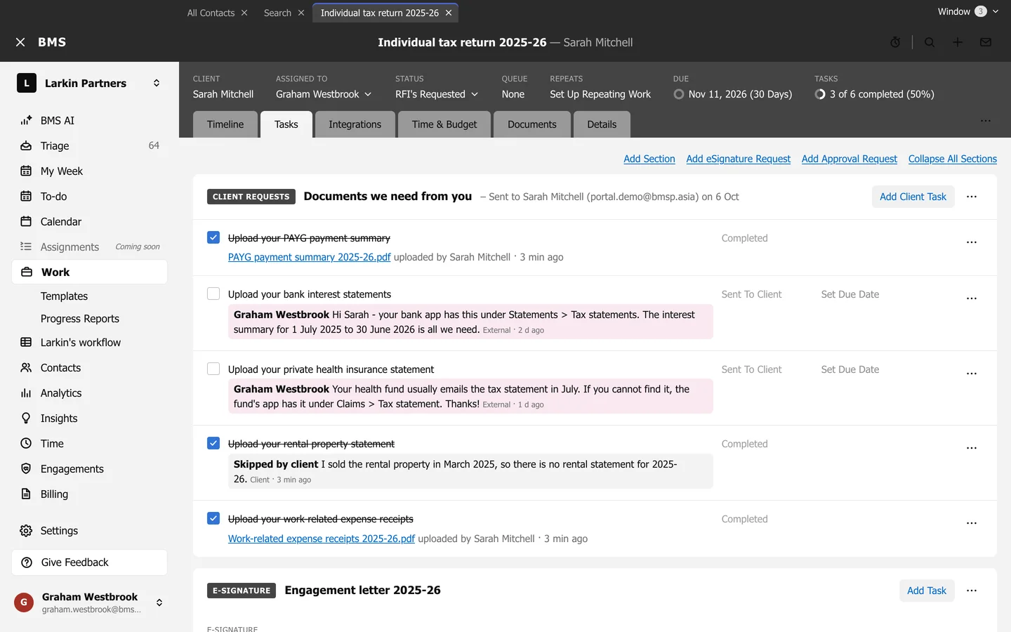 The job's Tasks tab with the client request section Documents we need from you and its tasks.