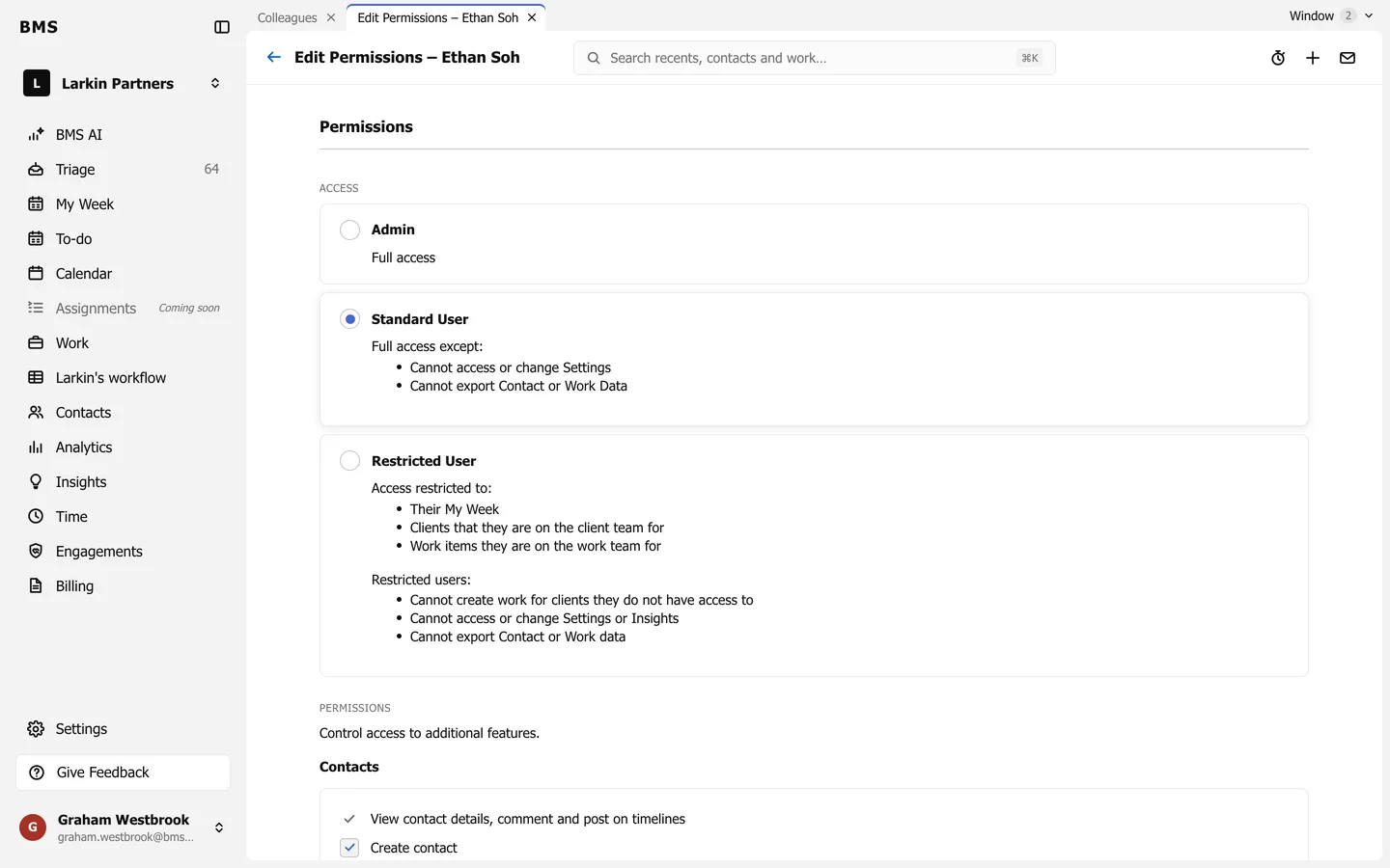 Edit Permissions for a colleague: three access cards, Admin, Standard User and Restricted User, above the Permissions checkboxes.