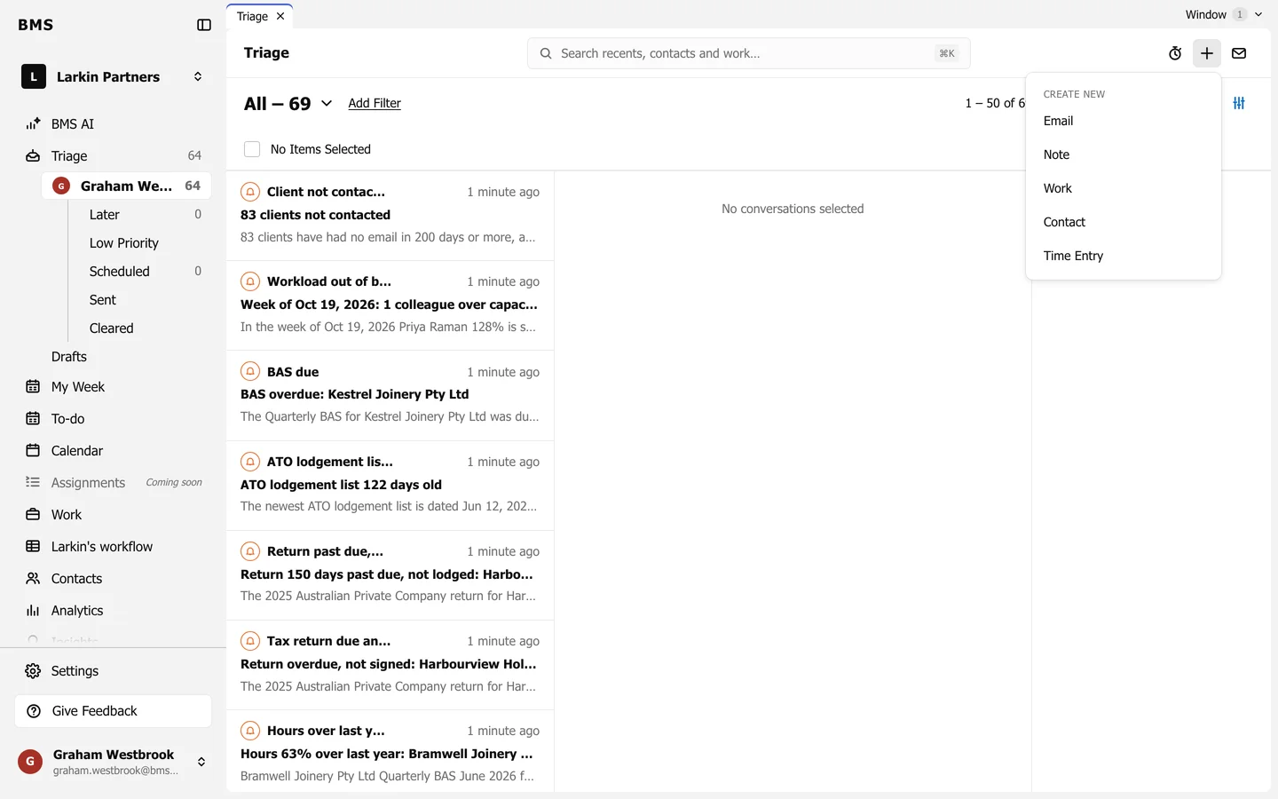 The Create new menu open under the plus button, listing Email, Note, Work, Contact and Time Entry.