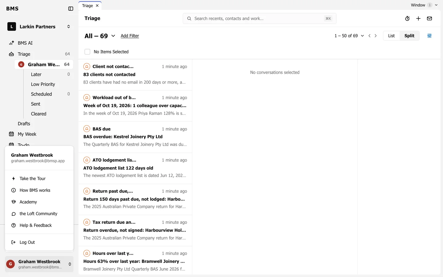 The profile menu open above the colleague's name, listing Take the Tour, How BMS works, Academy, the Loft Community, Help and Feedback, and Log Out.