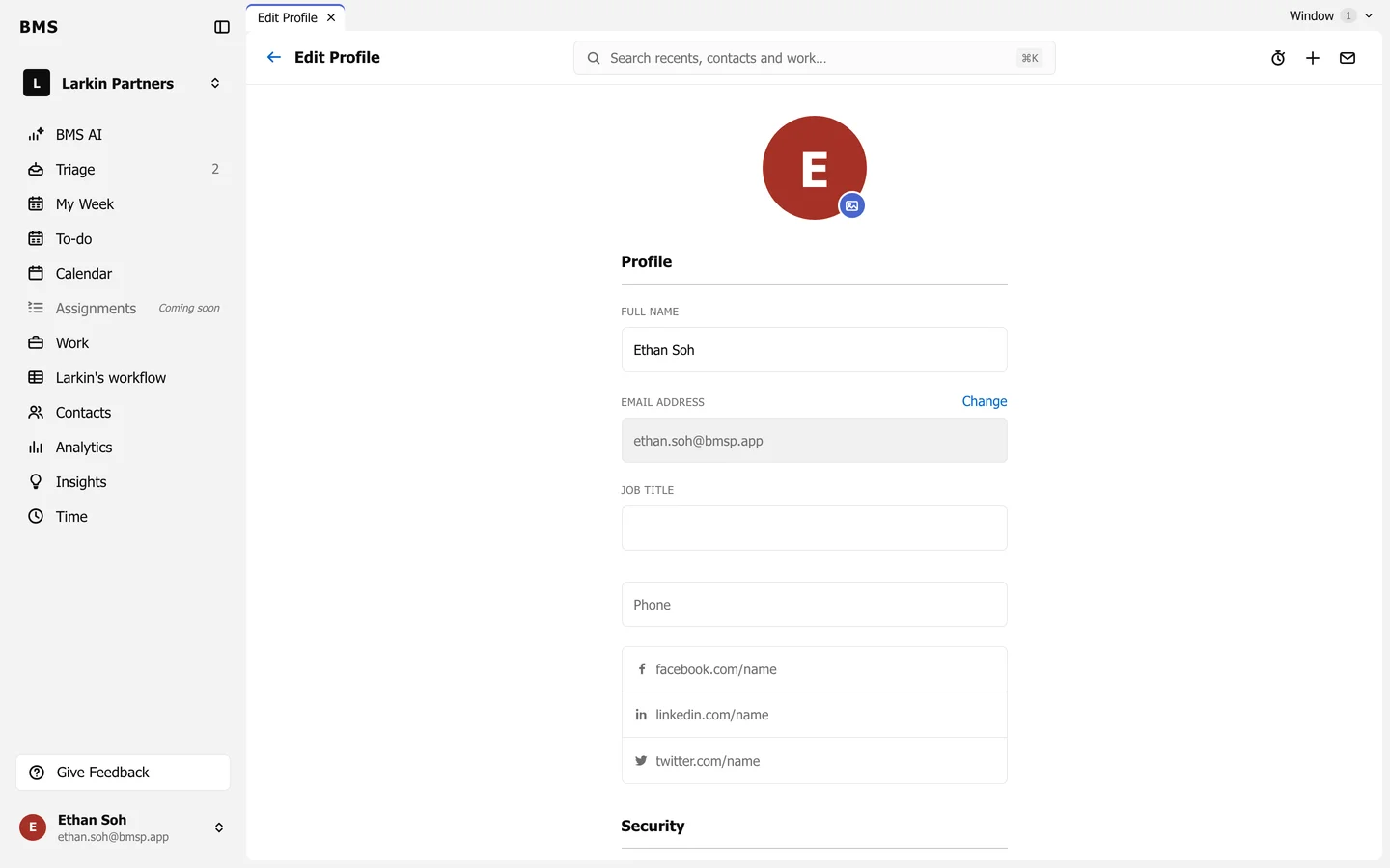 Edit Profile for Ethan Soh: Profile fields, Security with Two-factor authentication, Capacity, then Notifications and email sections.