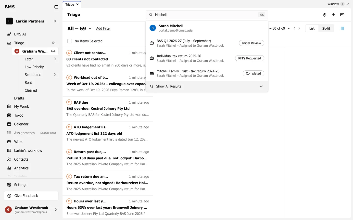 The search field with Mitchell typed and a dropdown of matching contacts and work items below it.
