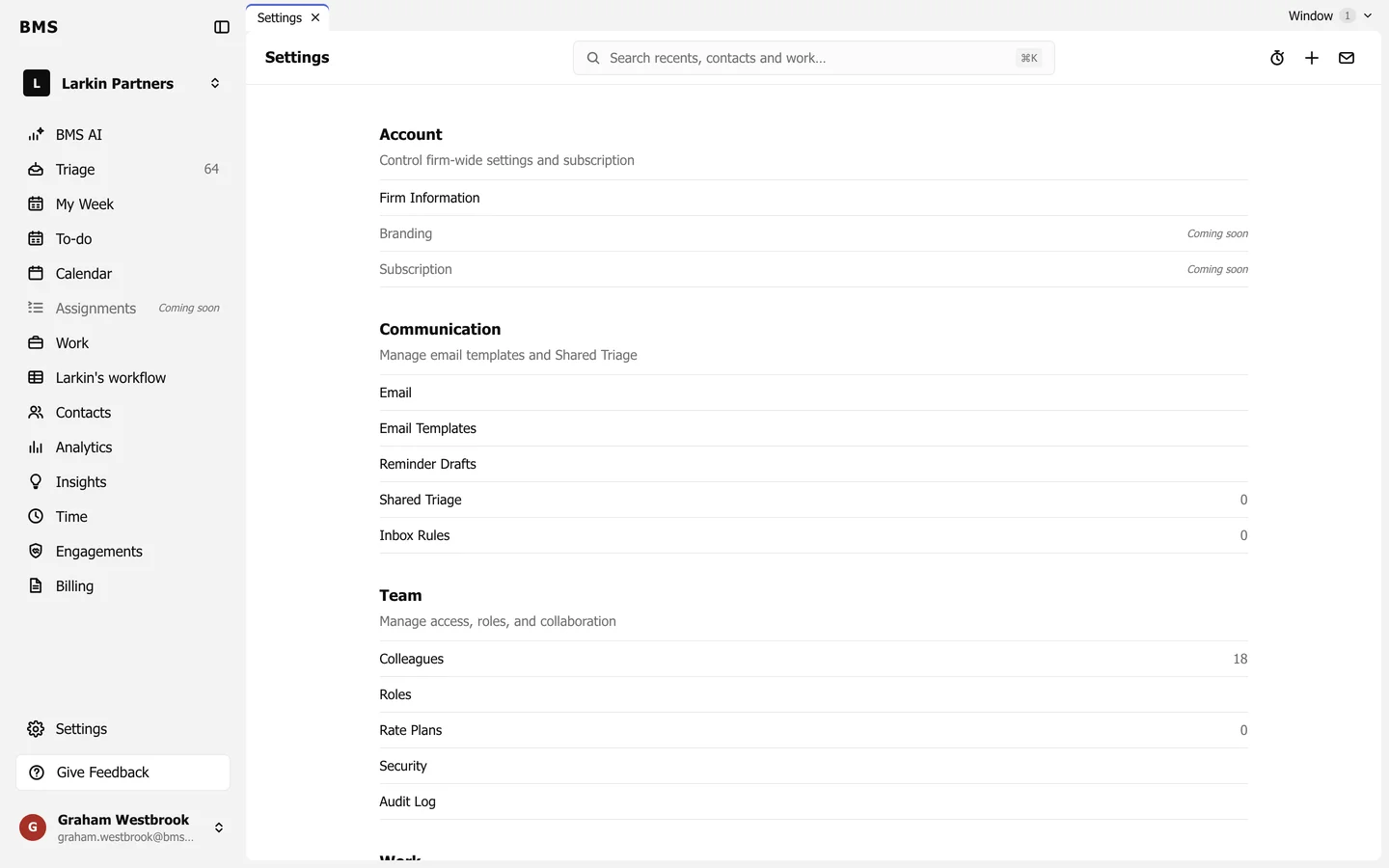 The Settings page with groups Account, Communication, Team, Work, Contacts, BMS AI, Billing and Engagements, Client Experience, Documents and Integrations and Tools.