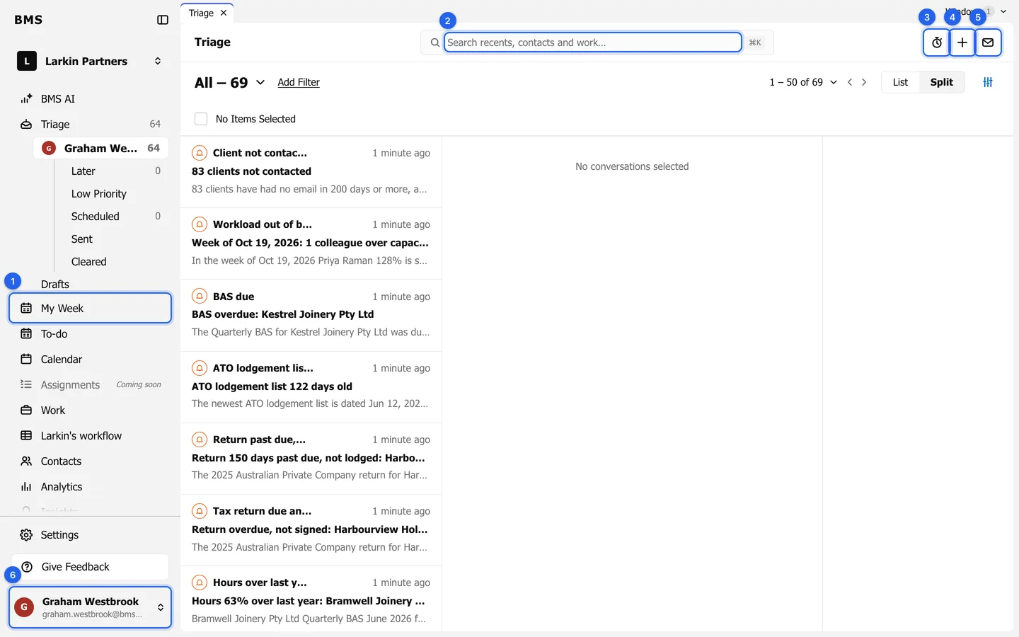 Triage in BMS with numbered rings on a sidebar row, the search field, the timer, the Create new button, the Compose button and the profile button.