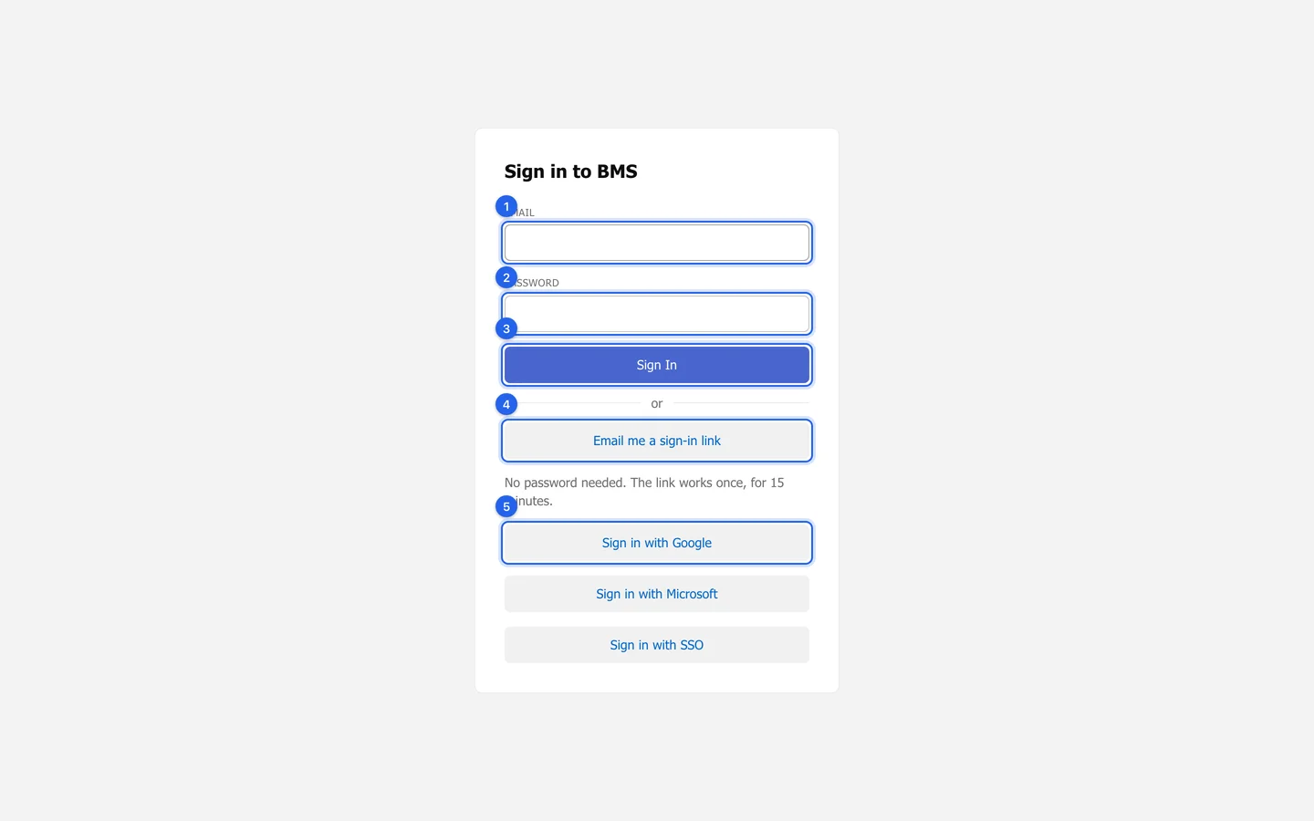 The Sign in to BMS page with numbered rings on Email, Password, Sign In, Email me a sign-in link and Sign in with Google.