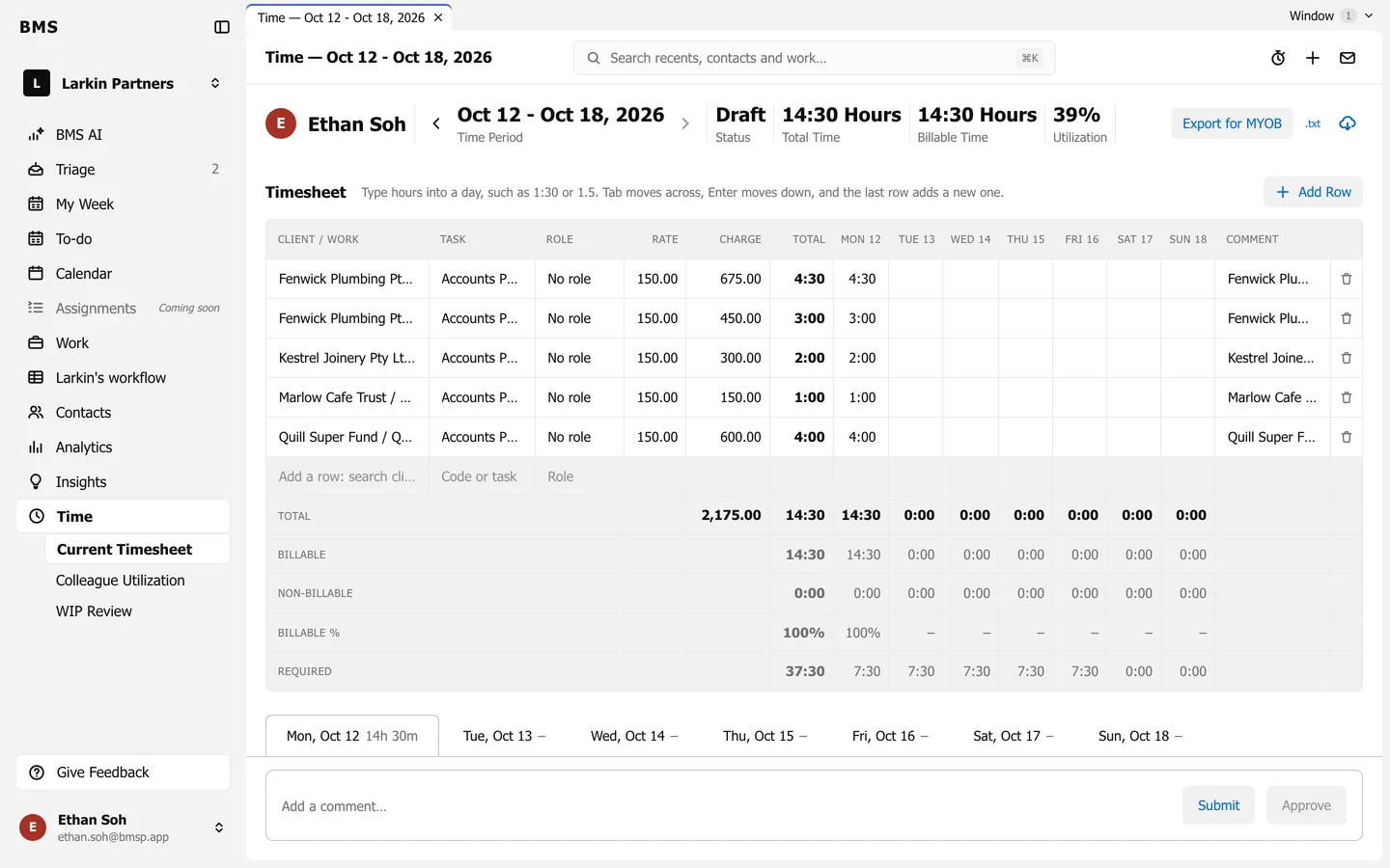 The current timesheet grid for Ethan Soh with rows per job and columns per day.