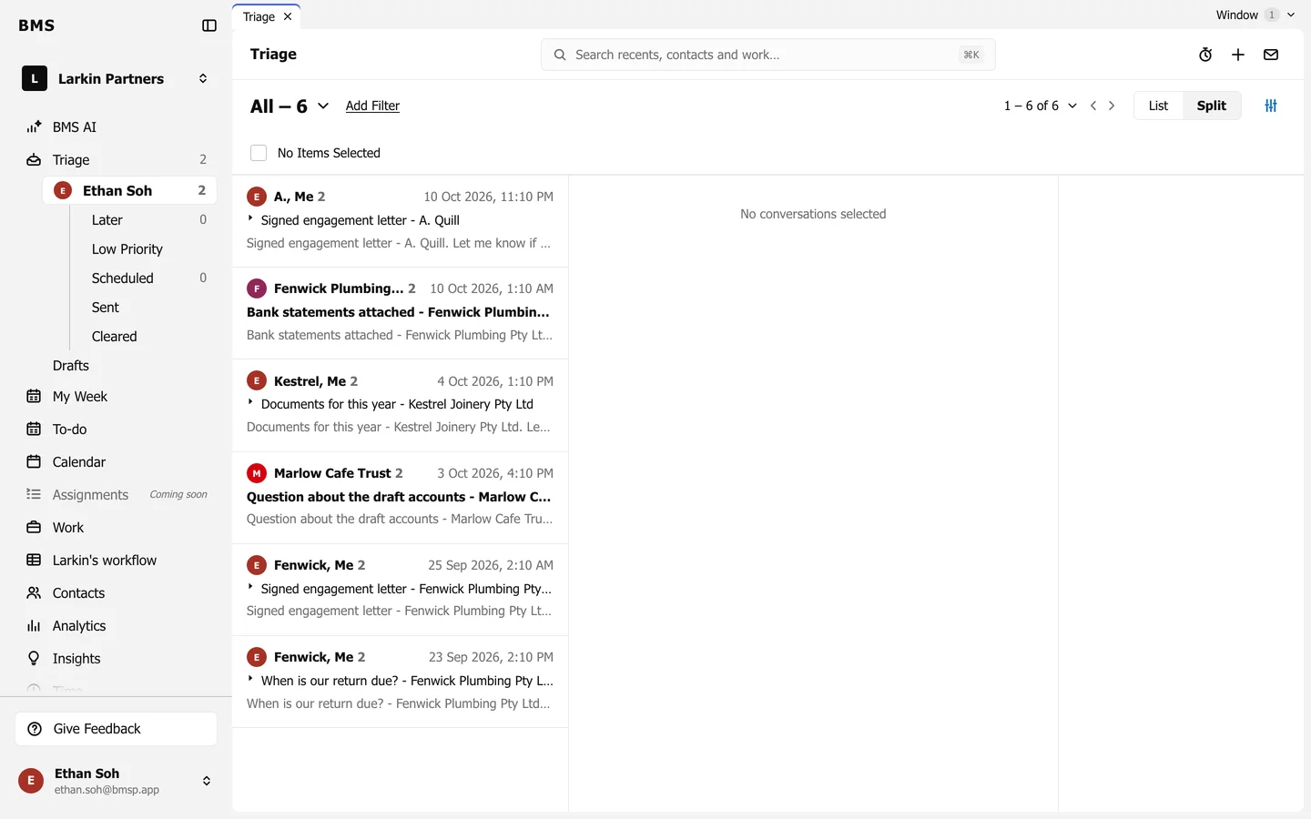 Triage for Ethan Soh, with items listed on the left and the reading pane on the right.