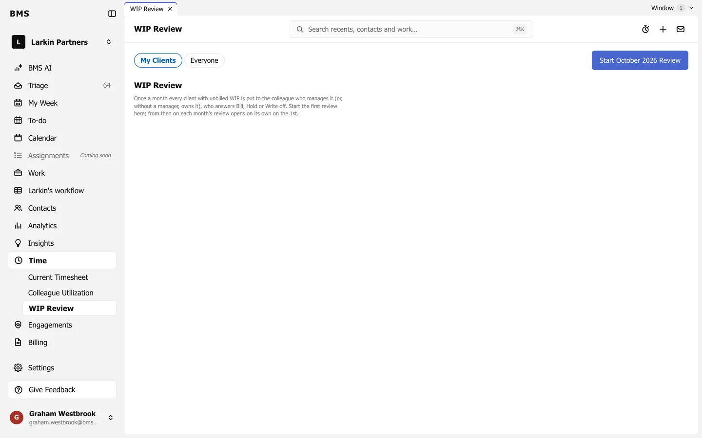 The WIP Review page with a row per client, its unbilled WIP and the bill or hold answer.