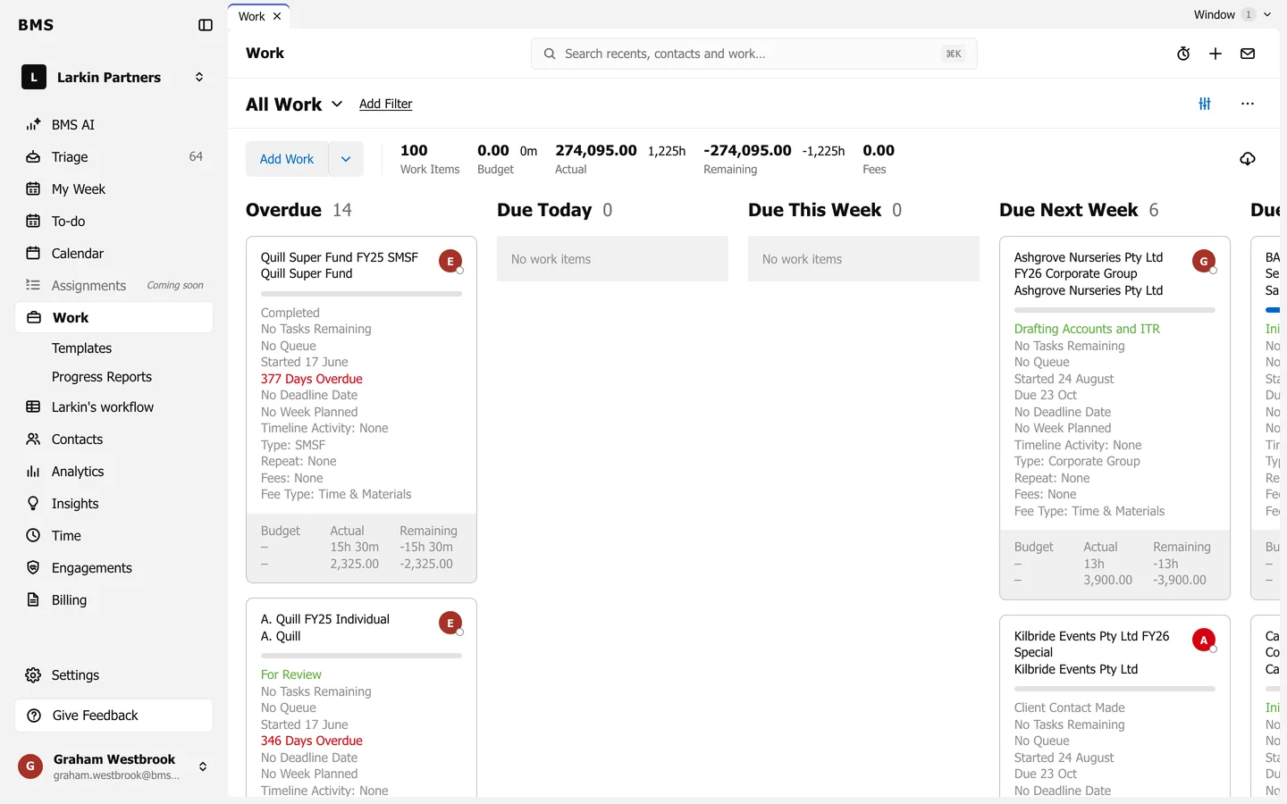 The Work board for Larkin Partners, with jobs in columns.