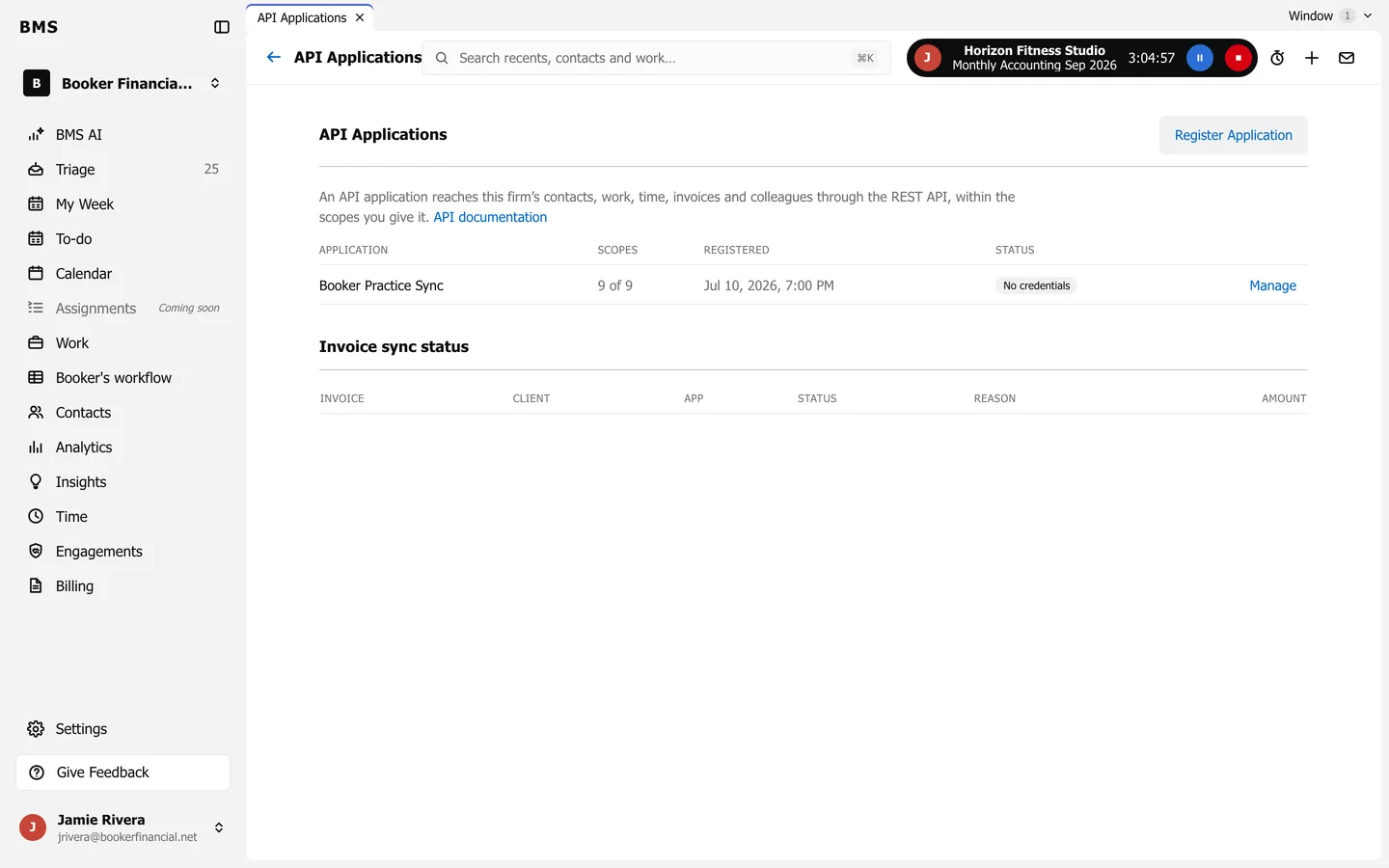 API Applications with Register Application, a registered application with 9 of 9 scopes and No credentials, and an Invoice sync status table.