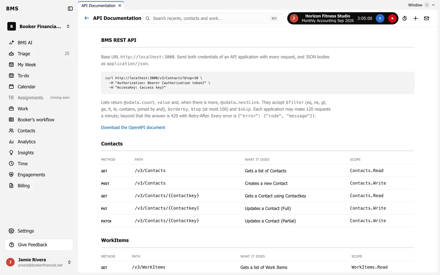 The BMS REST API documentation: the base URL, an example request with Authorization and AccessKey headers, notes on filtering, sorting and paging, and a table of Contacts endpoints with method, path, description and scope.