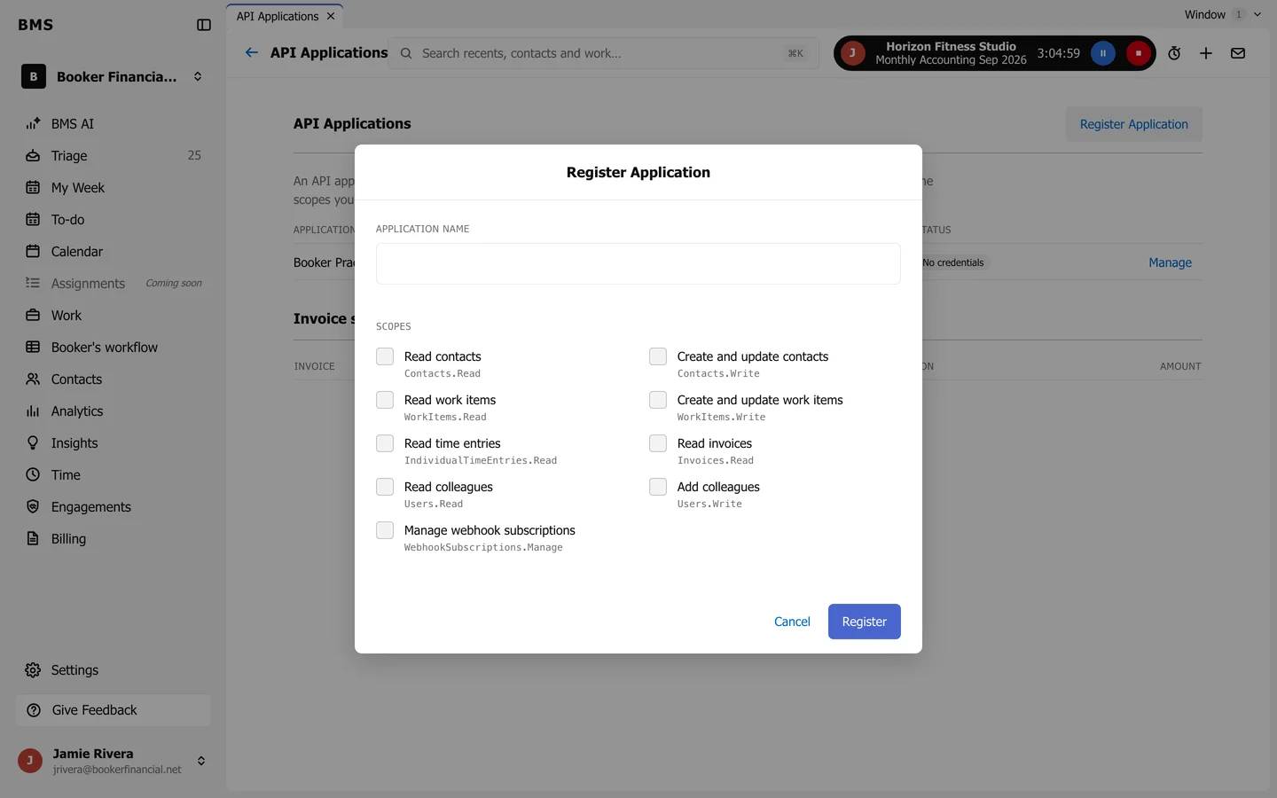 The Register Application dialog with an Application Name and Scopes such as Read contacts, Create and update contacts, Read work items, Read time entries, Read invoices, Read colleagues, Add colleagues and Manage webhook subscriptions.
