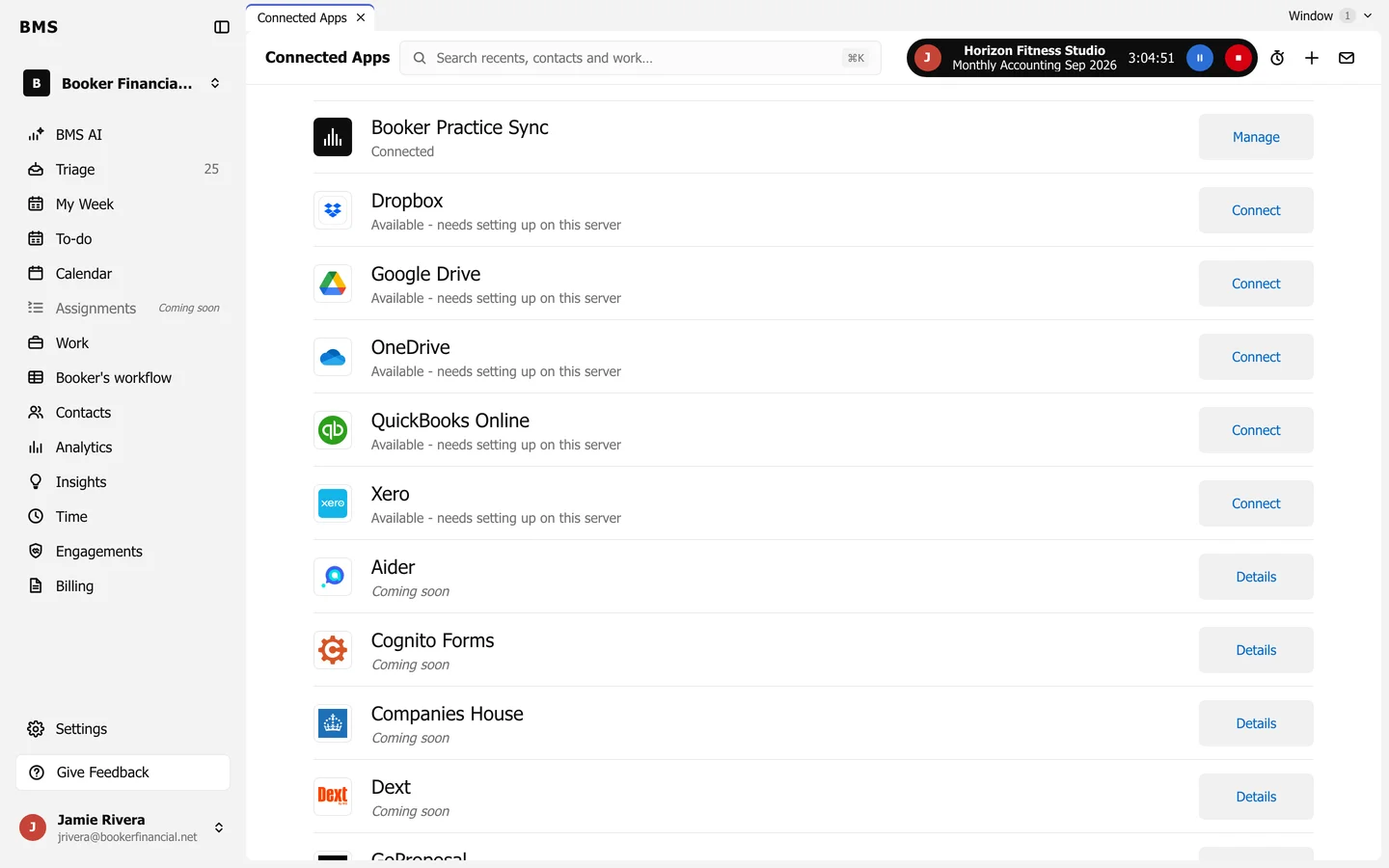 Connected Apps: Booker Practice Sync connected with Manage; Dropbox, Google Drive, OneDrive, QuickBooks Online and Xero available but needing setup on this server, with Connect; and apps such as Aider, Cognito Forms, Companies House and Dext marked Coming soon with Details.