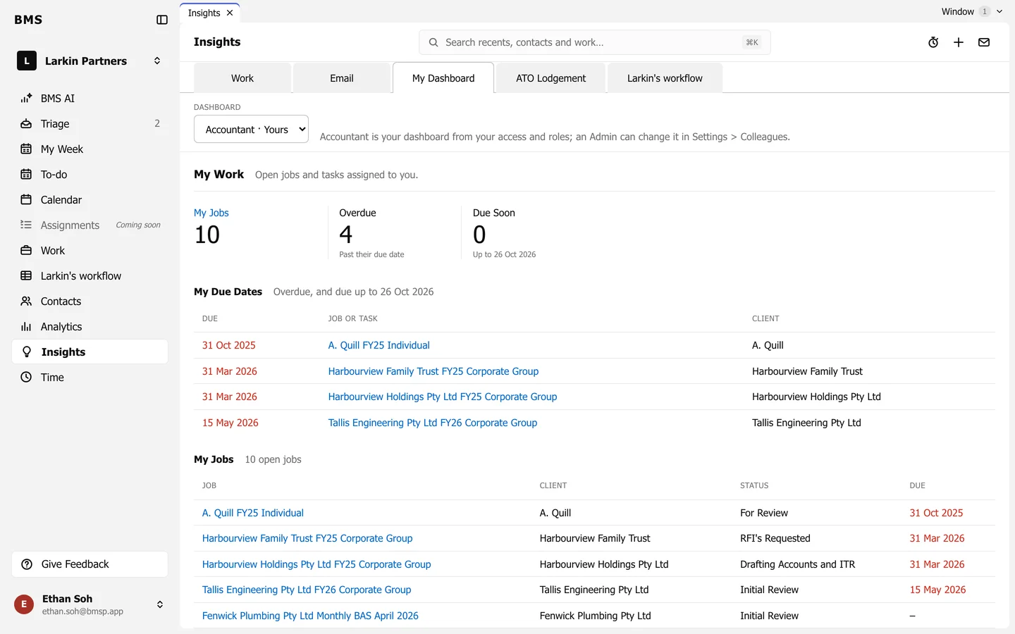 The Accountant dashboard: My Work with My Jobs, Overdue and Due Soon, then My Due Dates and My Jobs tables.