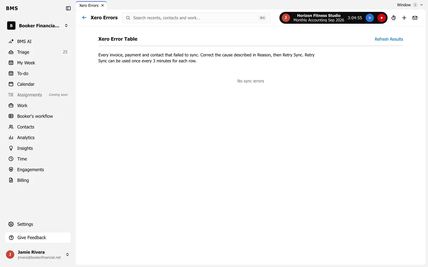 The Xero Error Table with a Refresh Results link, an explanation, and No sync errors.