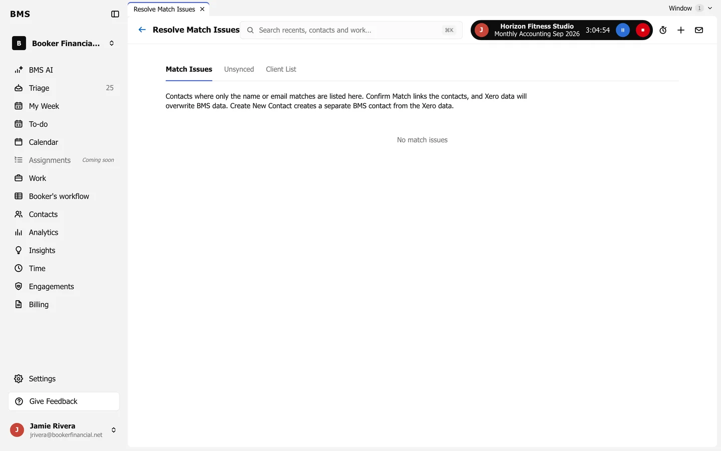 Resolve Match Issues with tabs Match Issues, Unsynced and Client List, an explanation, and No match issues.