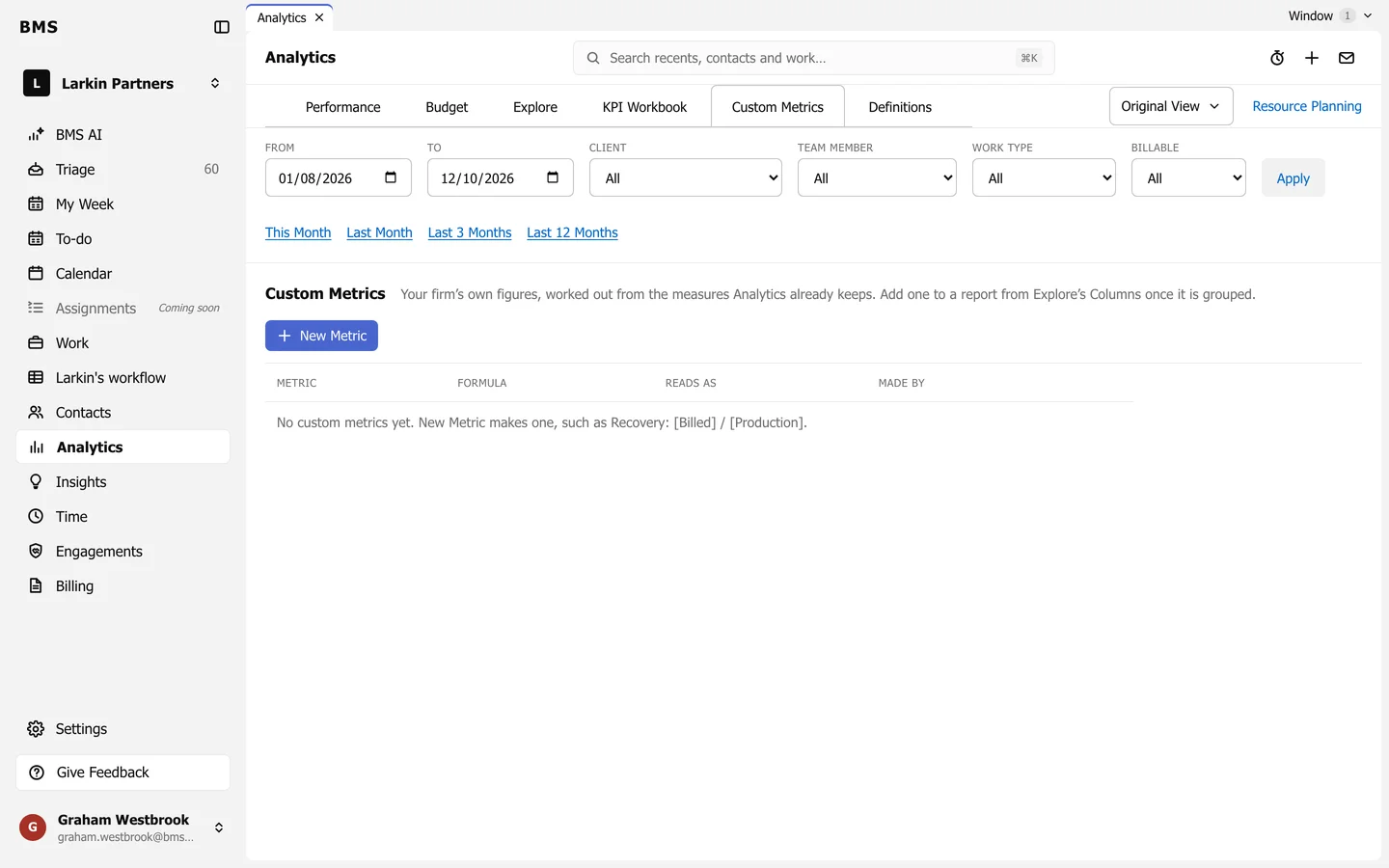 Analytics Custom Metrics with a New Metric button and an empty list with columns Metric, Formula, Reads as and Made by.