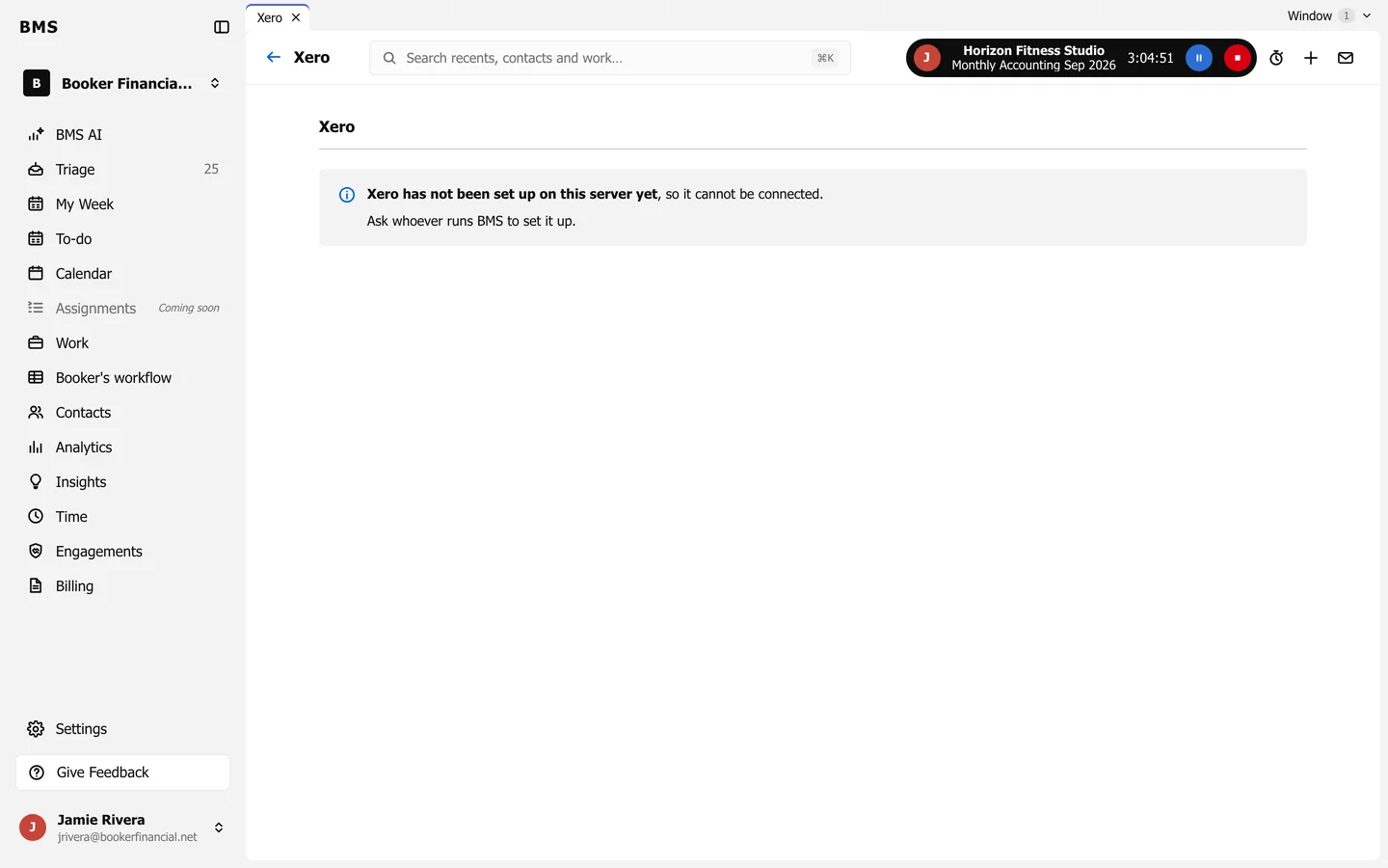 The Xero page: a notice that Xero has not been set up on this server yet, so it cannot be connected.