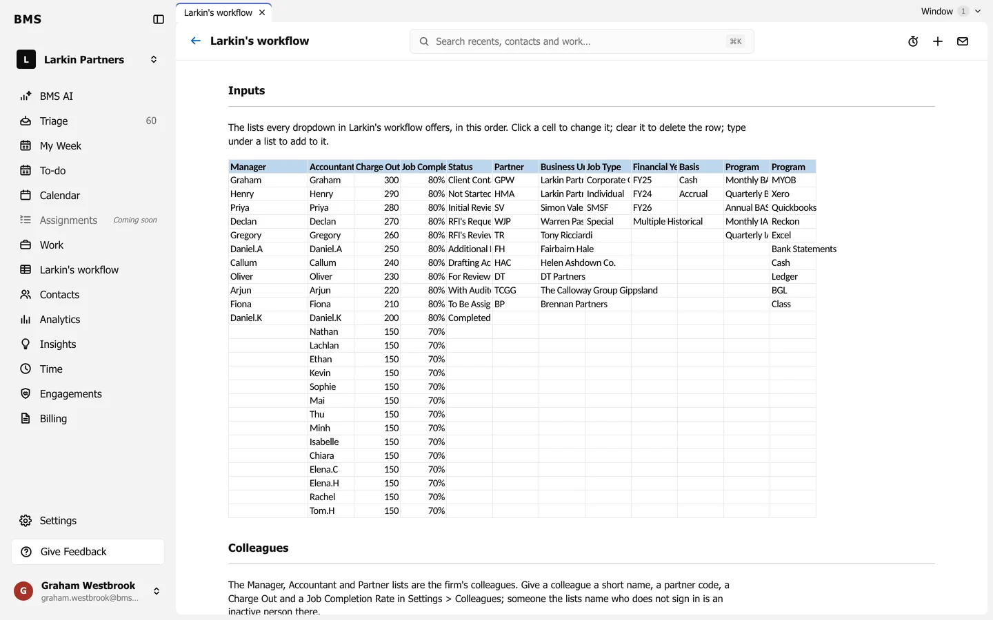The tracker settings page, Inputs: a grid of the lists every dropdown offers, such as Manager, Accountant, Charge Out, Job Completion, Status, Partner, Business Unit, Job Type, Financial Year, Basis and Program.