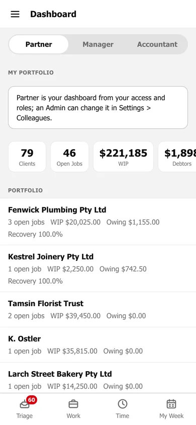 The dashboard on a phone with Partner, Manager and Accountant at the top, My Portfolio tiles for clients, open jobs, WIP and debtors, and a portfolio list by client.
