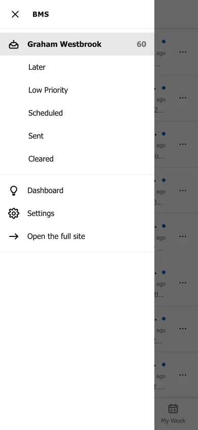 The phone menu: Triage folders, then Dashboard, Settings and Open the full site.
