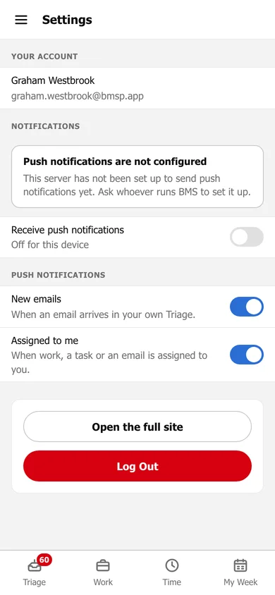 Settings on a phone: your account, a notice that push notifications are not configured, Receive push notifications for this device, toggles for New emails and Assigned to me, Open the full site and Log Out.