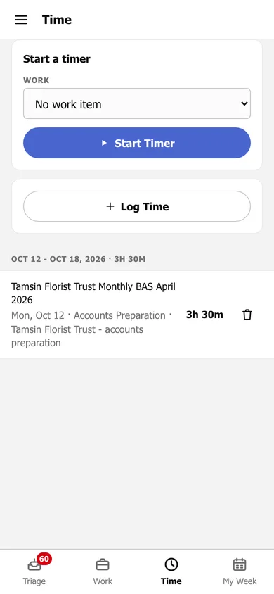 Time on a phone: Start a timer with a Work selector and Start Timer, a Log Time button, and this week's time entries.