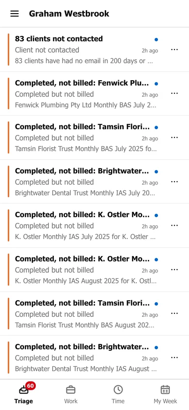 BMS on a phone, showing Triage with a list of items, and a bottom bar with Triage, Work, Time and My Week.