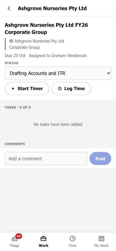 A work item on a phone: its client, due date and assignee, a Status selector, Start Timer and Log Time, Tasks and Comments.
