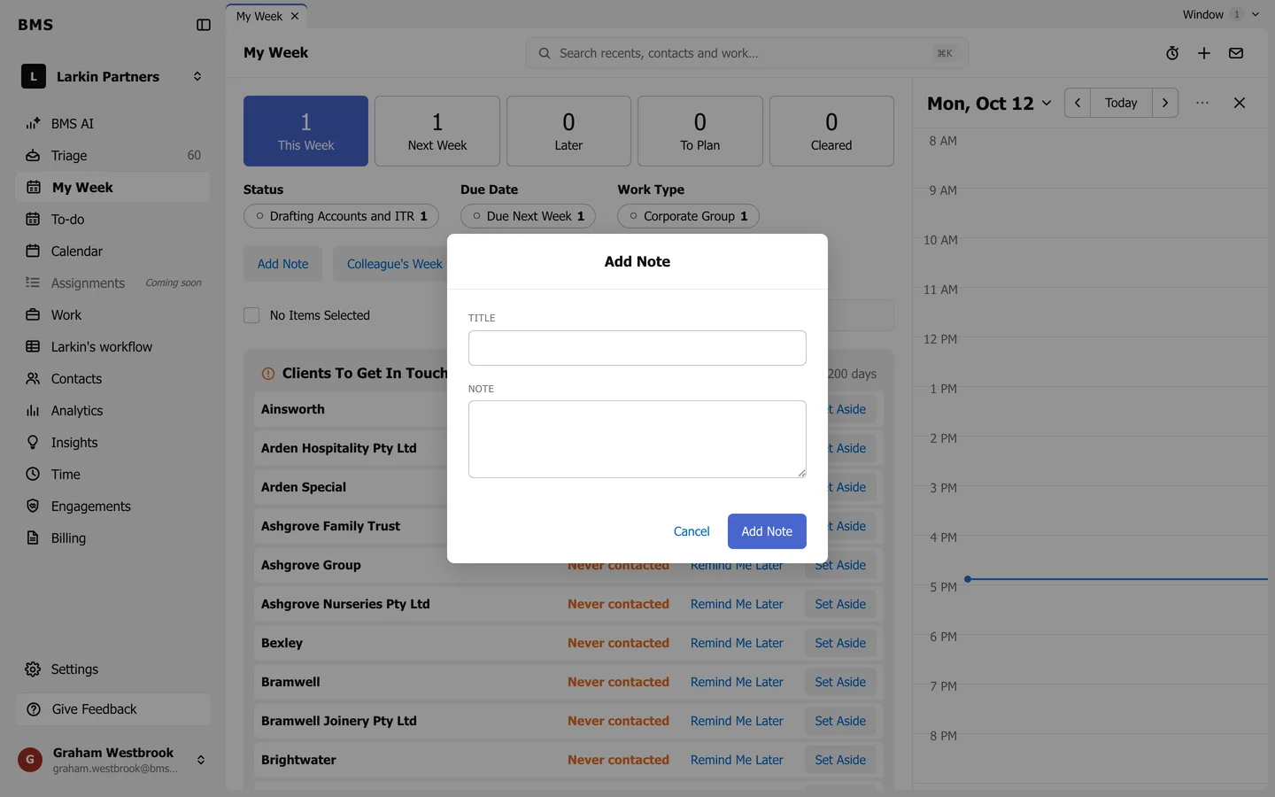 The Add Note dialog with Title and Note fields and Cancel and Add Note buttons.
