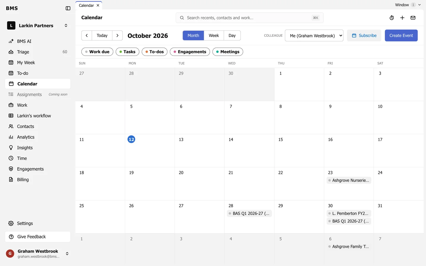 The Calendar in Month view for October 2026, with Month, Week and Day buttons, a Colleague selector, Subscribe and Create Event, chips Work due, Tasks, To-dos, Engagements and Meetings, and work due shown on its days.