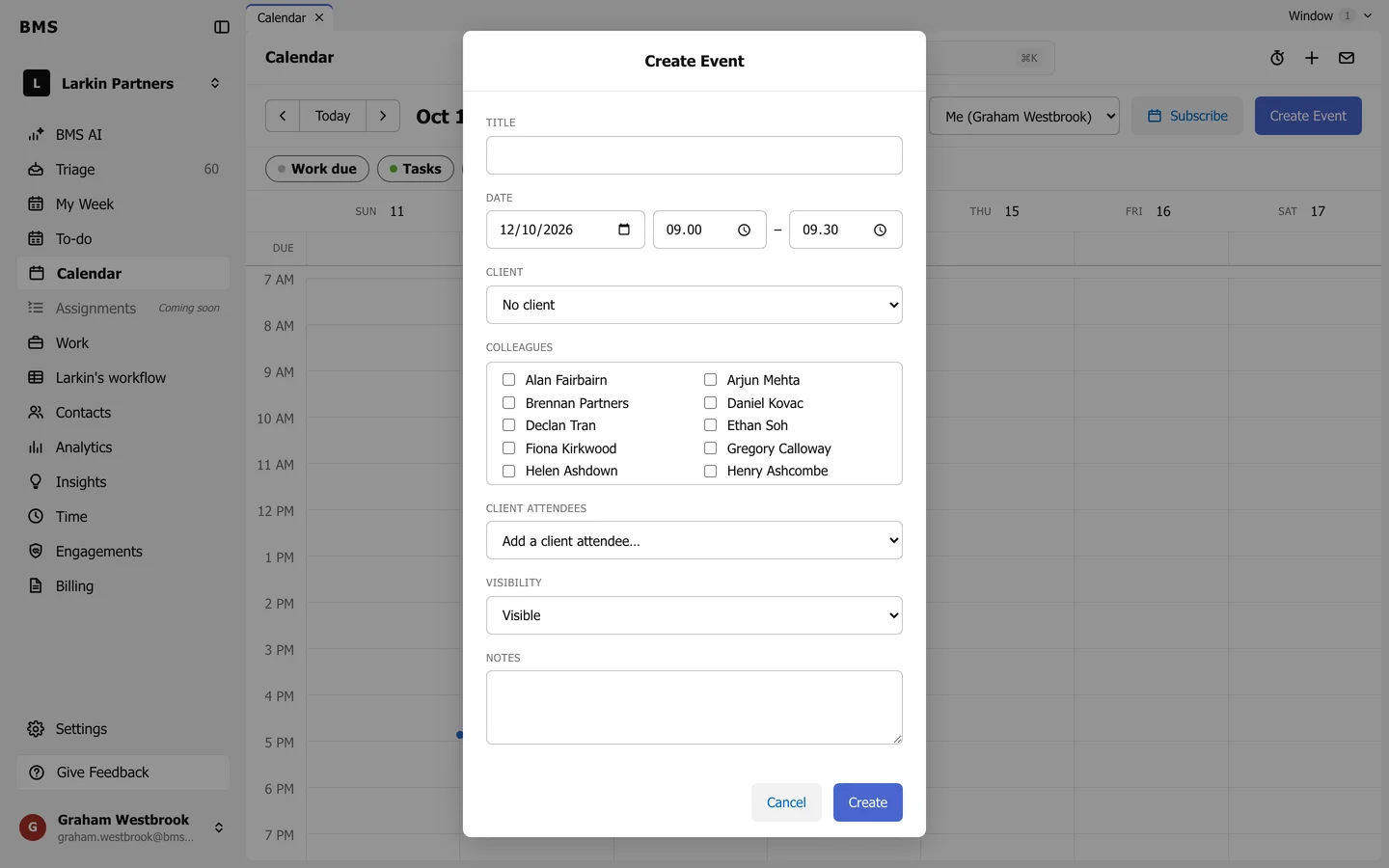 The Create Event dialog with Title, Date and start and end times, Client, Colleagues checkboxes, Client attendees, Visibility and Notes, and Cancel and Create buttons.