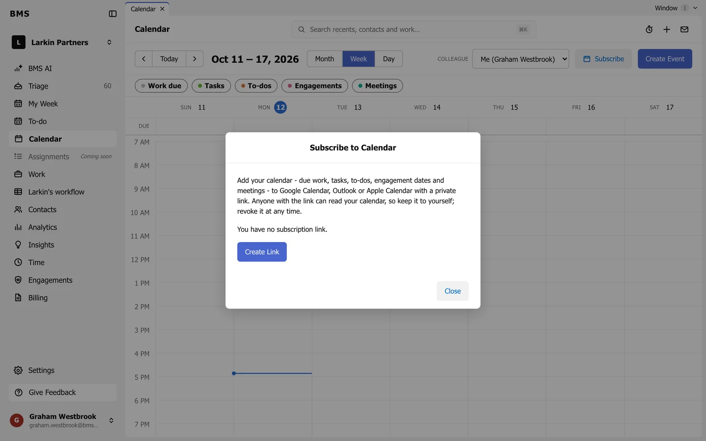 The Subscribe to Calendar dialog explaining the private link, with You have no subscription link and a Create Link button.