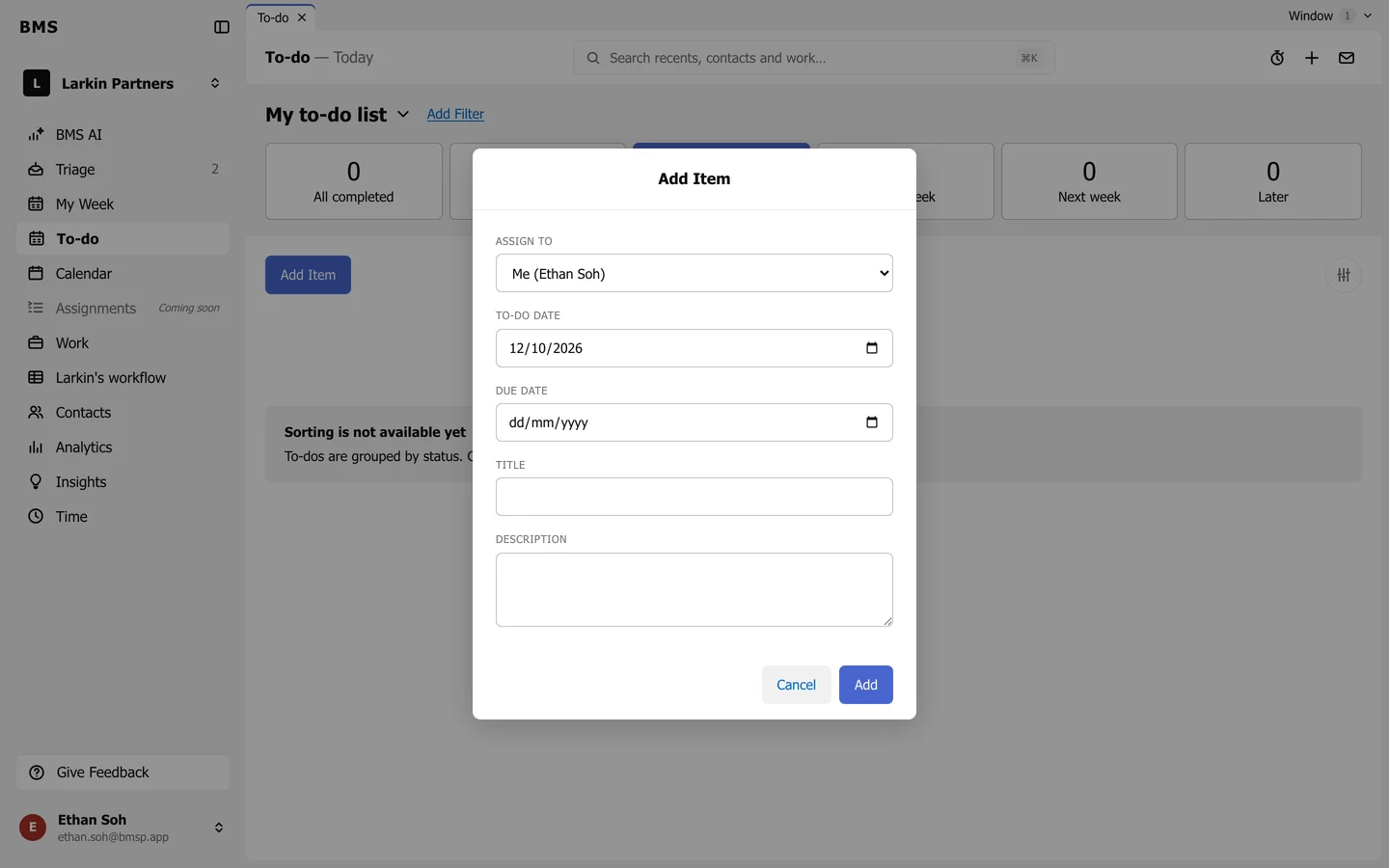 The Add Item dialog with Assign to, To-do date, Due date, Title and Description, and Cancel and Add buttons.