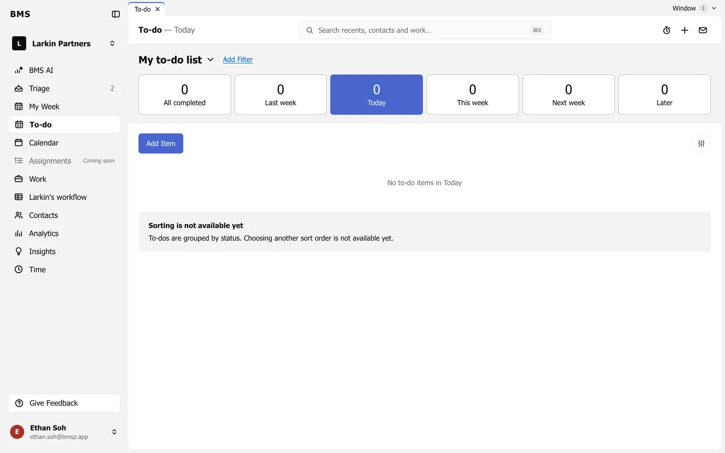 My to-do list with tiles All completed, Last week, Today, This week, Next week and Later, an Add Item button and an Add Filter link.