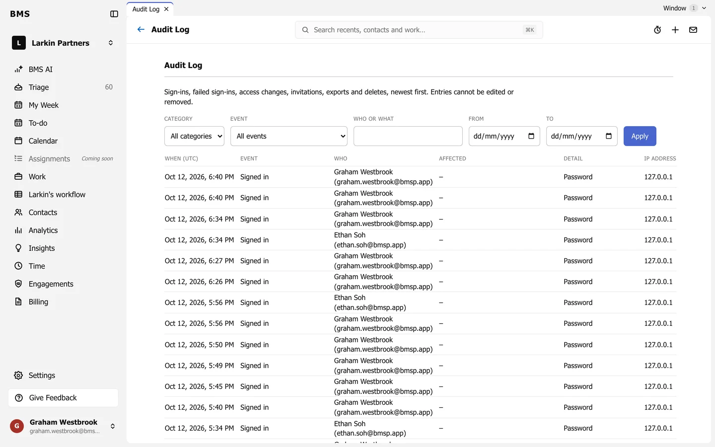 The Audit Log with Category, Event, Who or what, From and To filters, and a list of events with time, event, who, affected, detail and IP address.