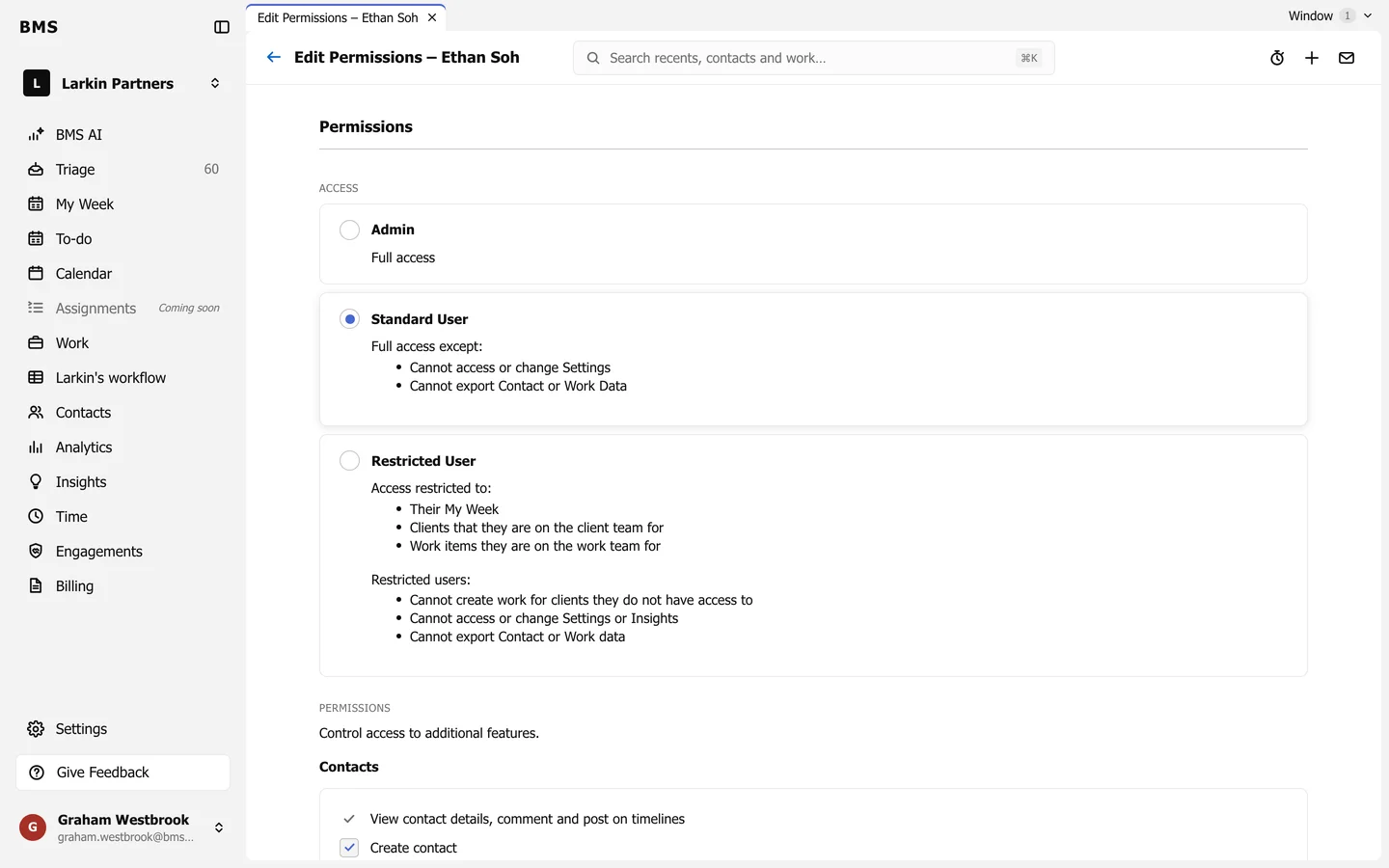 Edit Permissions for a colleague: Access cards for Admin, Standard User and Restricted User with what each allows, then Permissions with checkboxes such as Create contact.