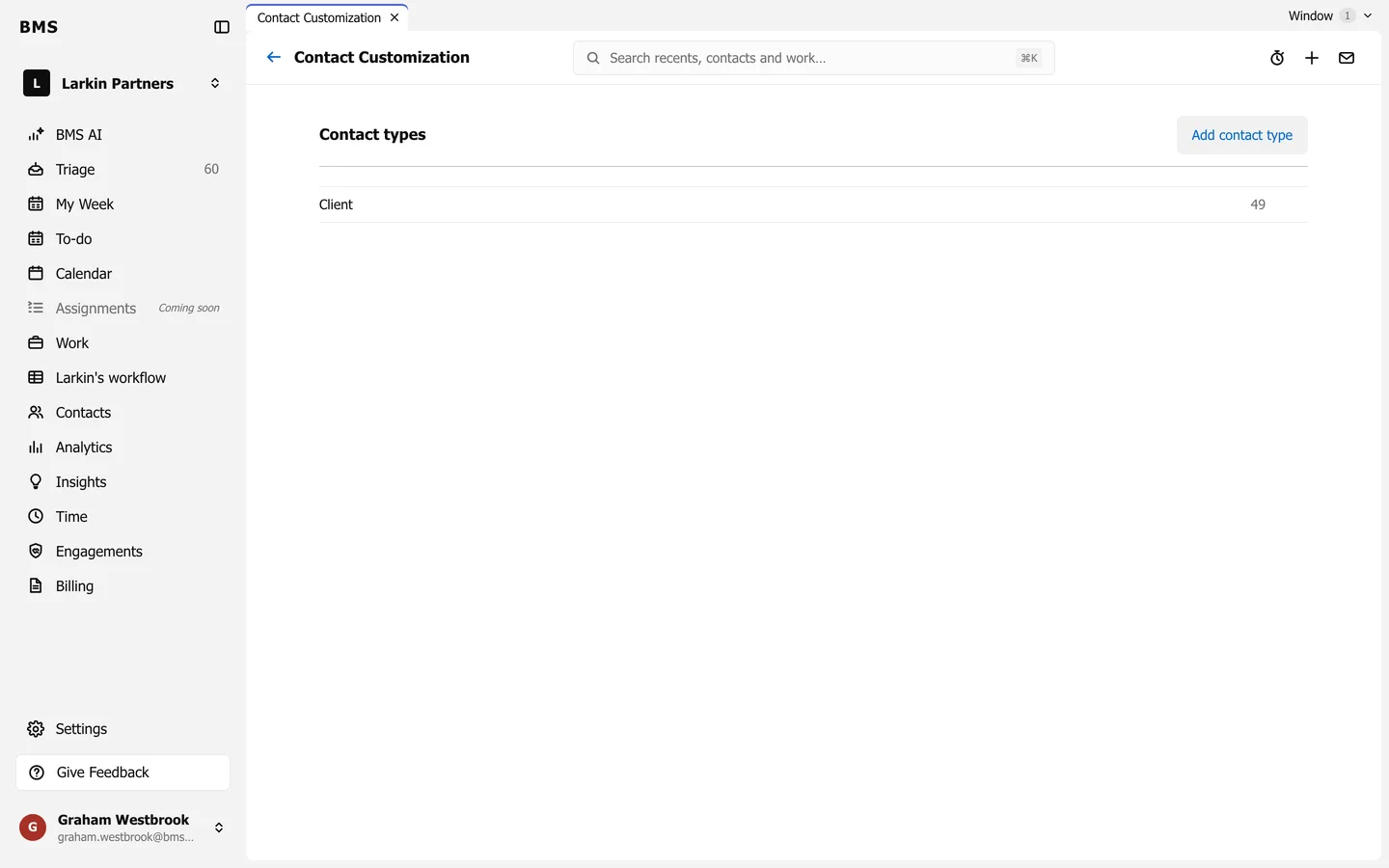 Contact Customization with Contact types listing Client with 49 contacts, and an Add contact type button.