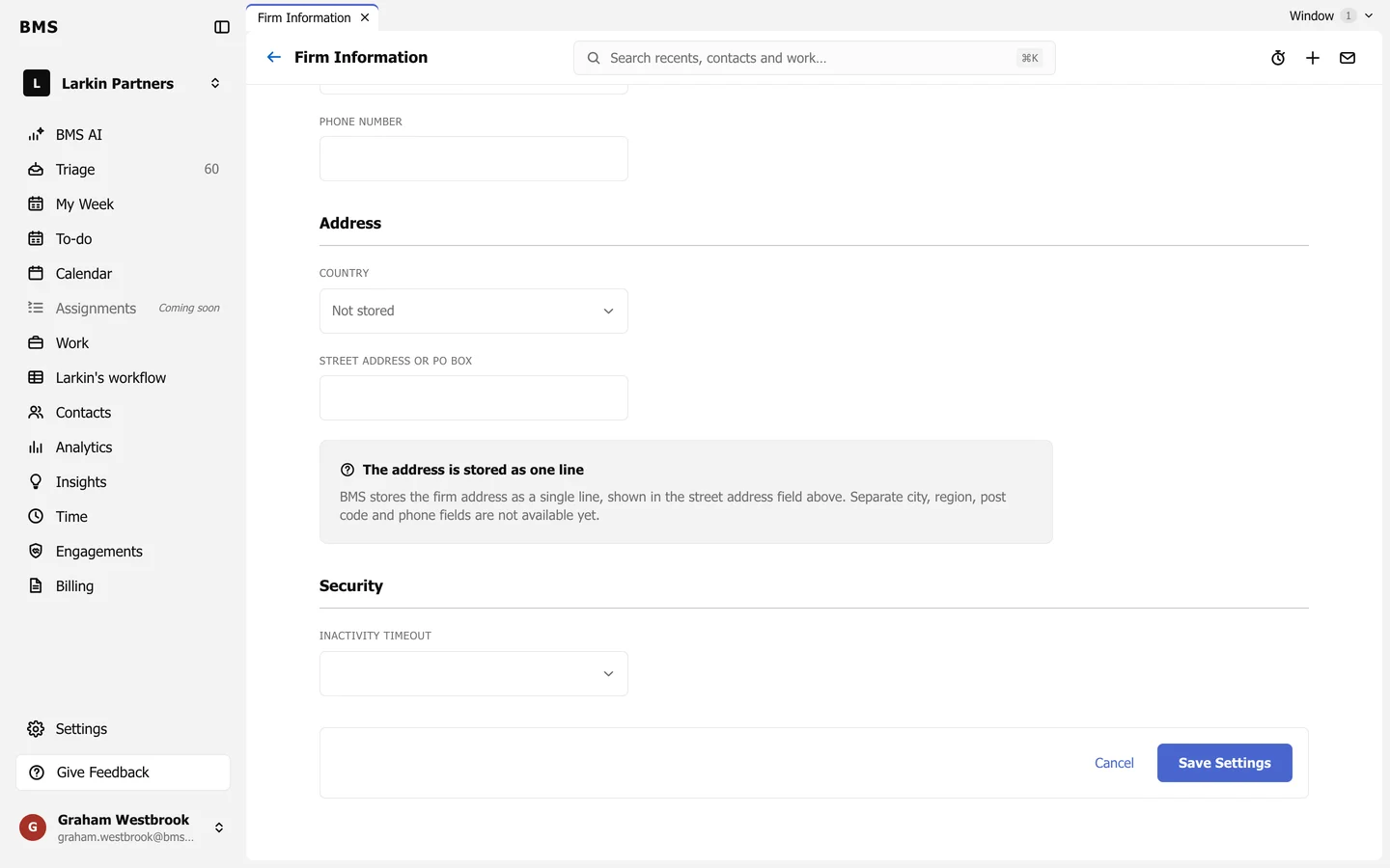 The bottom of Firm Information: the address note, Security with an Inactivity Timeout selector, and Cancel and Save Settings.