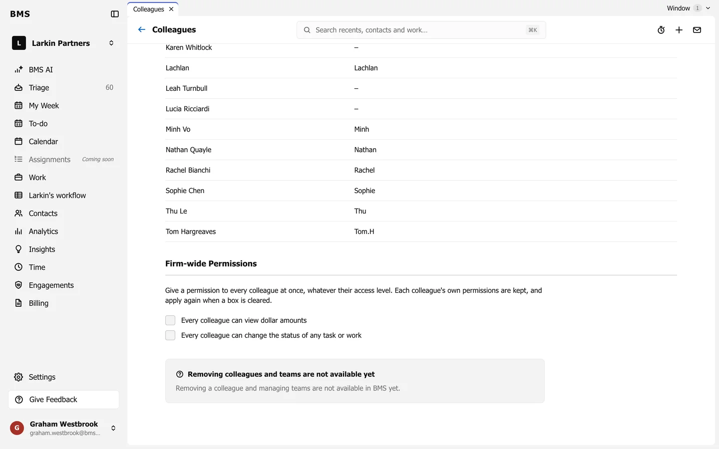 Firm-wide Permissions with two checkboxes: Every colleague can view dollar amounts, and Every colleague can change the status of any task or work.