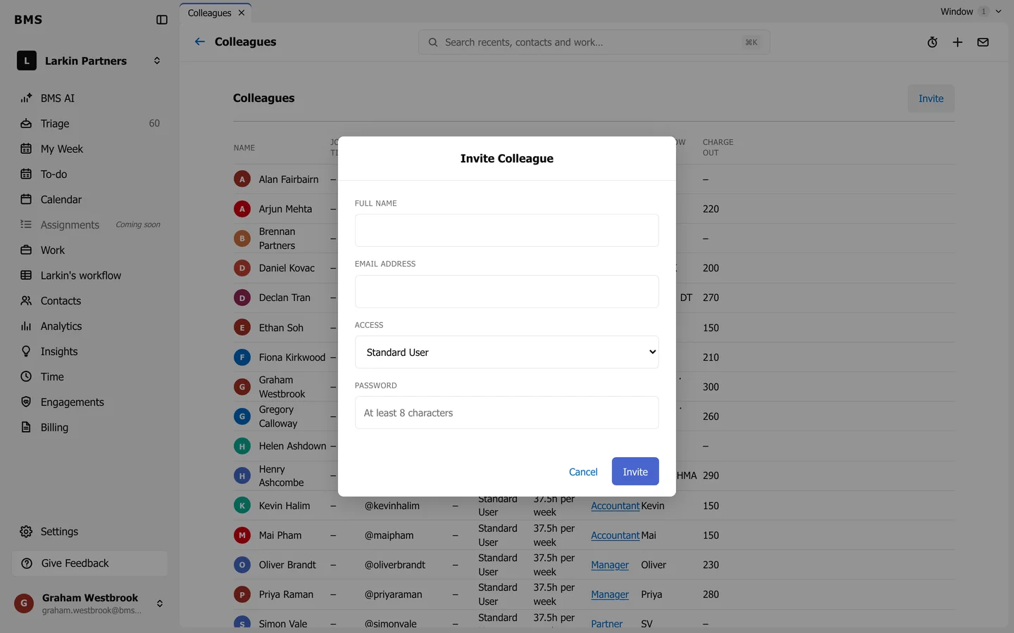 The Invite Colleague dialog with Full Name, Email Address, Access set to Standard User, Password, and Cancel and Invite.
