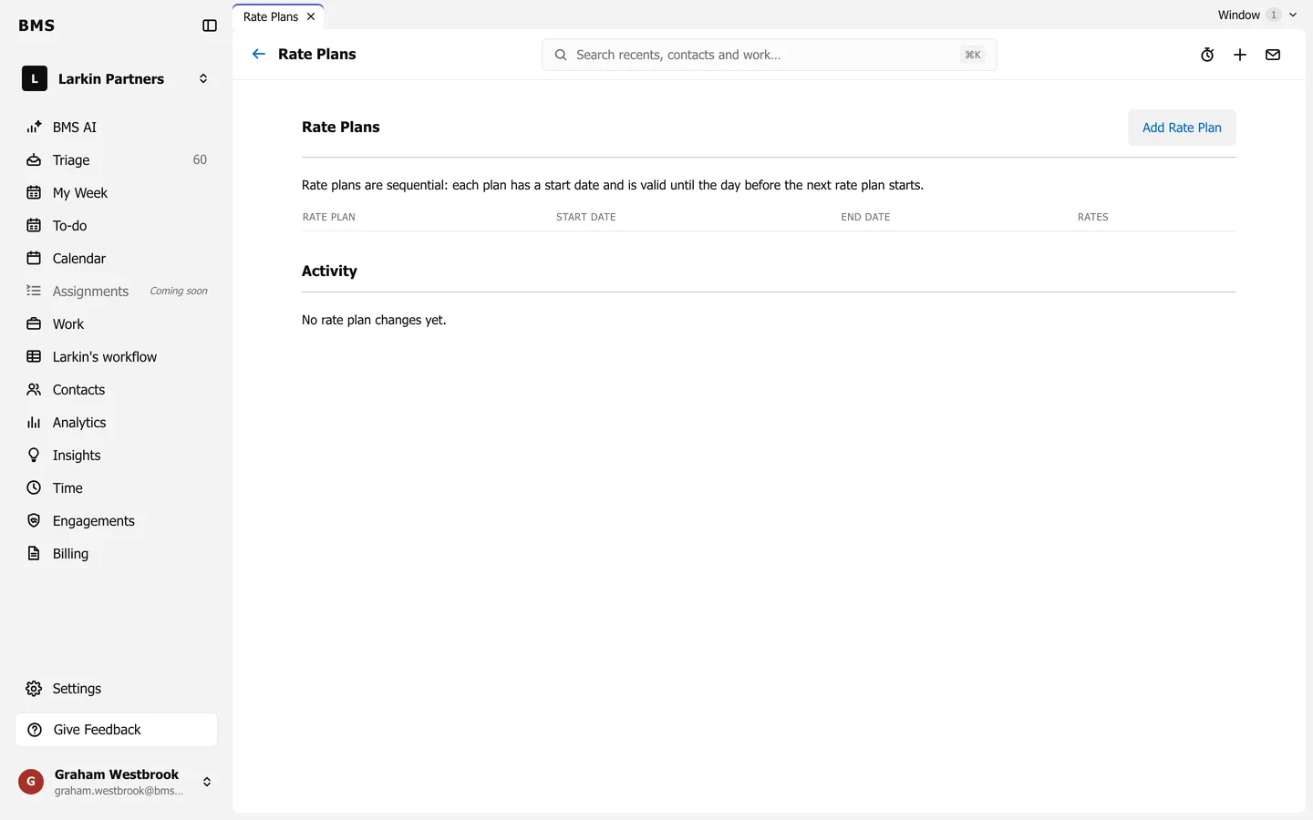 Rate Plans with an Add Rate Plan button, a note that plans are sequential, an empty list and an Activity section.