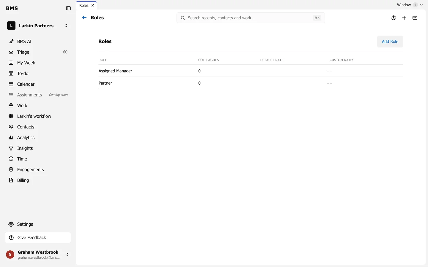 Settings Roles with an Add Role button and a list of roles with colleagues, default rate and custom rates.