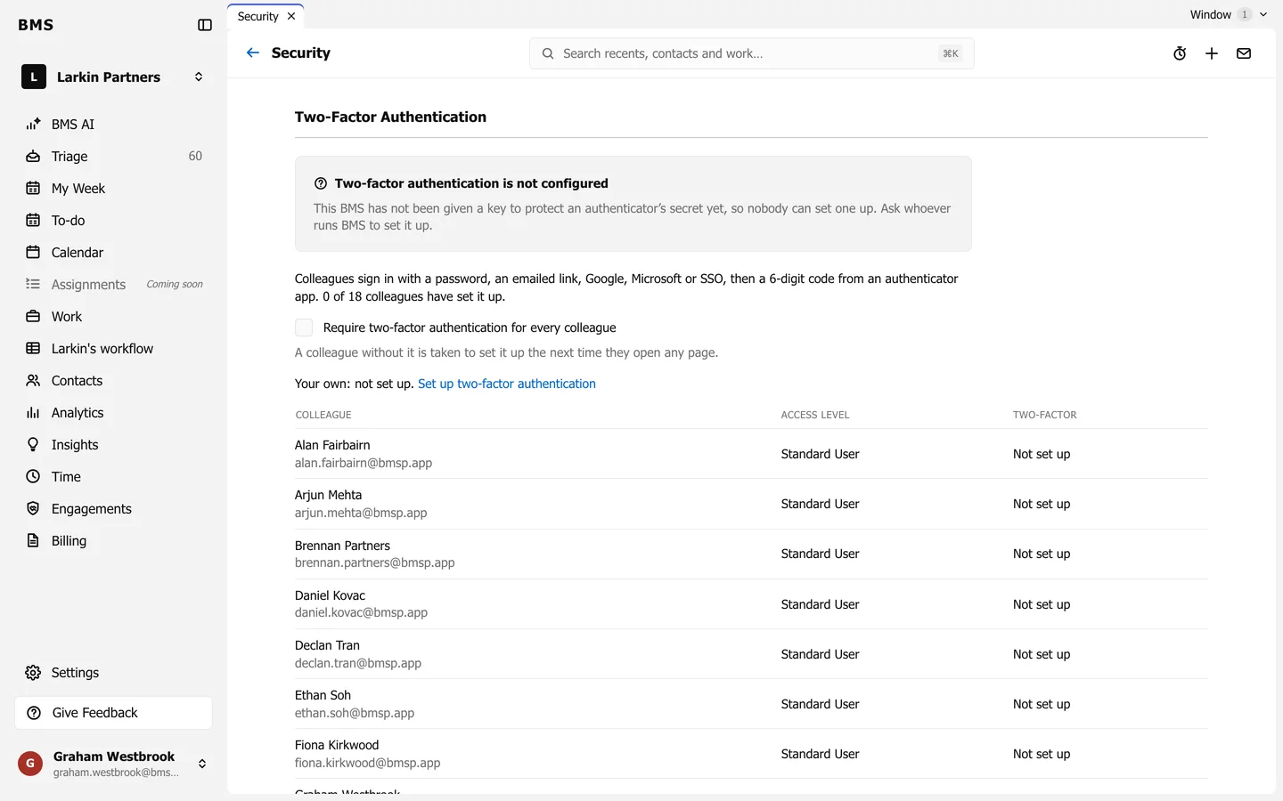 Settings Security: a notice that two-factor authentication is not configured, a Require two-factor authentication for every colleague checkbox, and each colleague's access level and two-factor status.