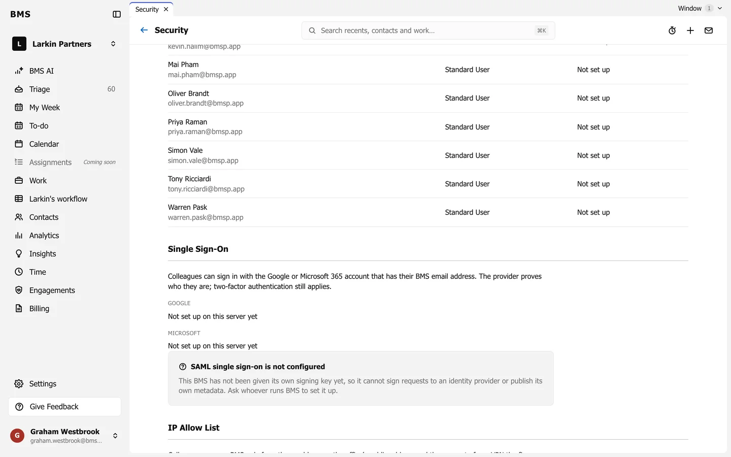 The Single Sign-On section of Settings Security: Google and Microsoft not set up on this server yet, and a notice that SAML single sign-on is not configured.