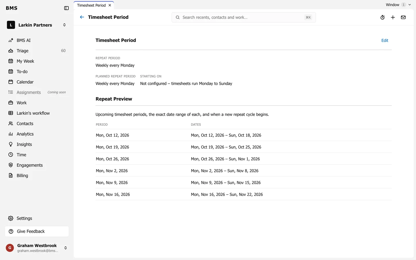 Timesheet Period: Repeat Period Weekly every Monday, and a Repeat Preview of upcoming periods with their exact dates.