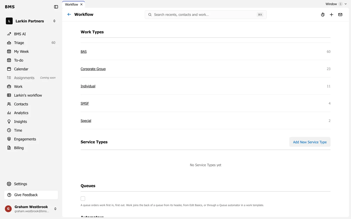 Settings Workflow: Work Types such as BAS, Corporate Group, Individual, SMSF and Special with counts, Service Types with Add New Service Type, and Queues.
